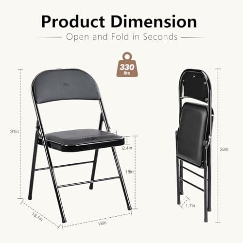 DUMOS 2 Pack Leather Padded Folding Chair, Indoor Outdoor Portable Stackable Commercial Seat with Steel Frame, Capacity for Home, Office, Party, Comfy, Black 6