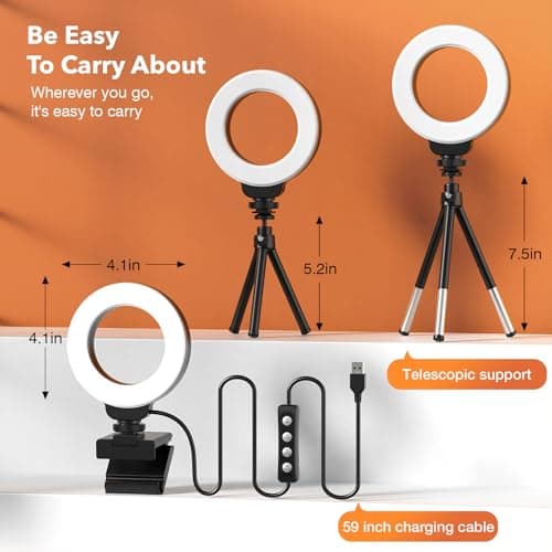 FDKOBE Ring Light for Laptop/Computer,Zoom Call, 4'' Small Video Conference Lighting with Webcam Style Mount and Tripod,3 Light Modes&10 Brightness Levels,Selfie 6
