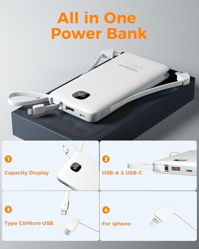 Portable Charger with Built in Cables,TESSAN 10000mAh Power Bank Fast Charging with Foldable Wall Plug Charger, PD20W Compact Battery Pack Travel Essentials for iPhone 17/16/15 Series,Samsung,Tablets 6