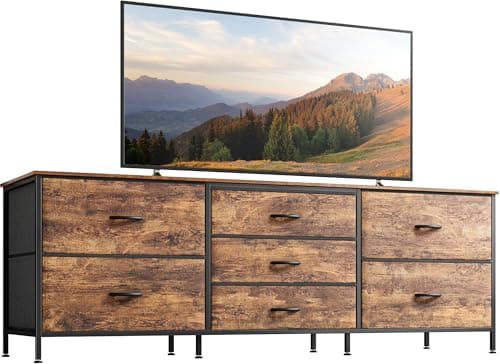 Huuger Dresser for Bedroom, 63 Inch TV Stand for 55, 65, 70 Inch TV, Long Fabric Dresser with 7 Drawers, Chest of Drawers for Storage, Closet, Clothing, Rustic Brown