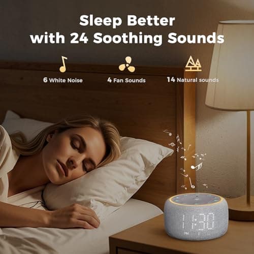 Mojikoo White Noise Machine Alarm Clock: Auto-Dimmable Clock for Bedrooms - 5W Stereo Bluetooth Speaker - Sound Machine with 24 Sleep Sounds for Adults Kids 5