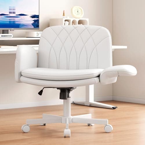 Misolant Criss Cross Chair with Armrests & Wheels for Cross-Legged Sitting, Comfortable PU Leather Vanity Chair, Office Desk Chairs with Adjustable Rocking Function, for Home, Bedroom White
