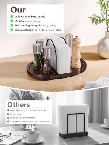 Primo Lines Rotating Napkin Holder for Table with Built-In Space for Salt and Pepper Shakers, Wooden Metal Caddy Rustic Table Organizer with 360 Degree Spin for Kitchen Decor and Accessories (Walnut) 7
