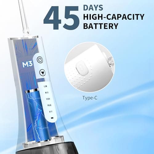 7AM2M Water Dental Flosser Pick for Teeth, 450ML Portable Oral Irrigator, Cordless Flosser for Travel with 5 Jet Tips, 5 Modes & IPX7 Waterproof, Electric Flossing Teeth Cleaning for Home-Snow White 4