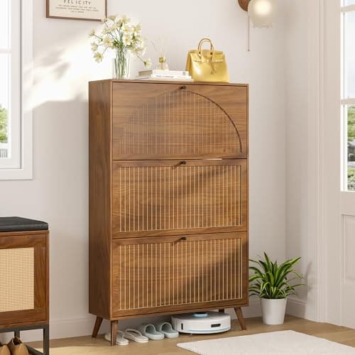 Fsbecl Shoe Storage Cabinet for Entryway with 3 Flip Drawers, Narrow Shoe Organizer with Fluted Panel, Freestanding Wood Hidden Shoe Cabinet for Hallway(Walnut, 31.4''W, Double Layer) 6