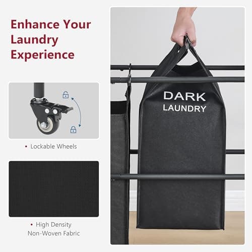 Tajsoon Laundry Sorter Cart with Hanging Clothes Rack, 4 Butler Sorter Basket Organizer, Laundry Hamper Cart with Heavy Duty Rolling Lockable Wheels, Black 6