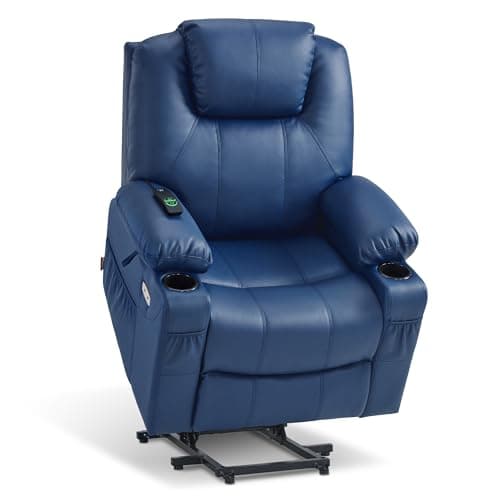 MCombo Electric Power Lift Recliner Chair Sofa with Massage and Heat for Elderly, 3 Positions, 2 Side Pockets, and Cup Holders, USB Ports, Faux Leather 7040 (Blue, Medium)