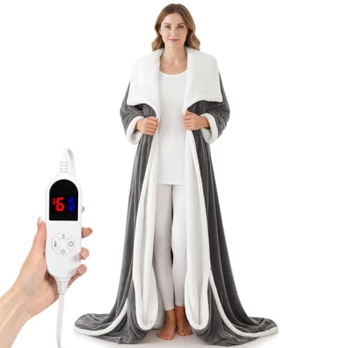DAILYLIFE Wearable Heated Blanket with Foot Pocket, 52"x72" Electric Blanket with Sleeves for 6 Heat Settings, 12 Hours Timer, Flannel & Sherpa, Charcoal