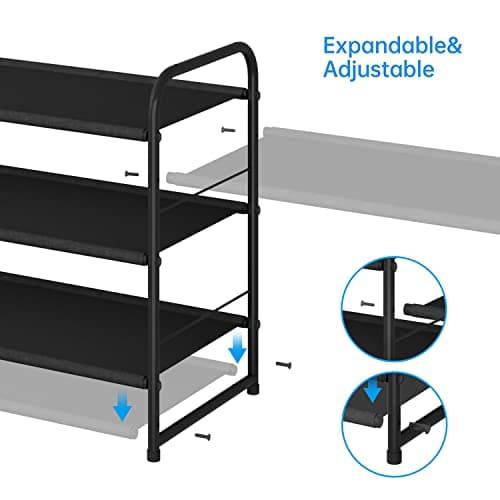 Simple Trending 3 Tier Stackable Shoe Rack, Expandable Adjustable Fabric Shoe Shelf Storage Organizer, Black 5