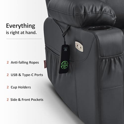 MCombo Power Lift Recliner Chair for Elderly, Lift Chair with Heat and Massage, FSC Certified, USB Ports, Cup Holders, Faux Leather 7040 (Black, Medium) 10