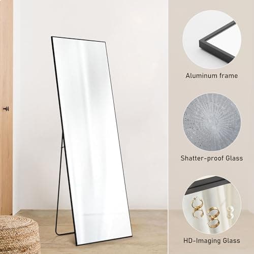 OLIXIS Full Length Mirror with Stand, Full Length Mirror for Bedroom, Cloakroom, Living Room, Aluminum Alloy Thin Frame, 64"x21" Large, Floor Standing Tall, Black 8