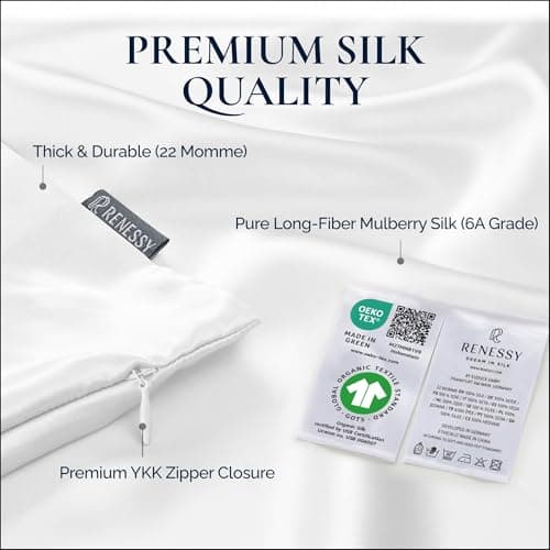 RENESSY Premium Silk Pillowcase 100% Organic Mulberry Silk, 22 Momme, Grade 6A - Oeko-Tex Certified in Germany - Luxury for Hair & Skin, 1 Piece (Standard Size 20x26 Inches, Natural Silk Off-White) 6