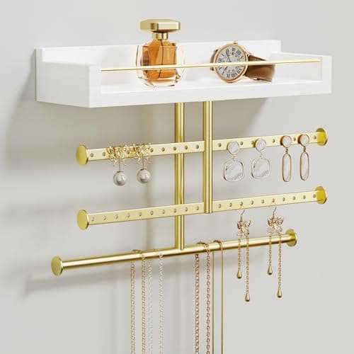 Josmimic Adhesive Wall Jewelry Organizer: 9" Holder for Hanging Necklace, Earring, Bracelet, Gold and White