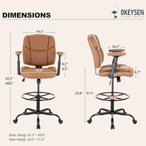 Okeysen Drafting Chair Standing Desk Chair, 500 LBS Leather Big and Tall Office Chair with Adjustable Armrests & Foot Ring, Modern Tall Desk Chair with Mid Back, Swivel Rolling Drafting Stool. 2