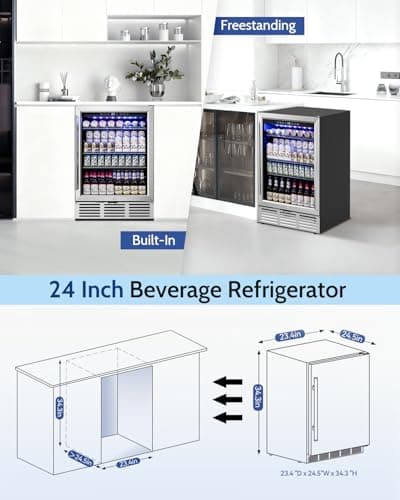 Feelfunn 24 inch Beverage Refrigerator - 180 Cans Under Counter Beverage Fridge with Glass Door & Safety Lock for Beer Wine Soda, Built-in or Freestanding Drink Fridge for Home Office Kitchen or Bar 6