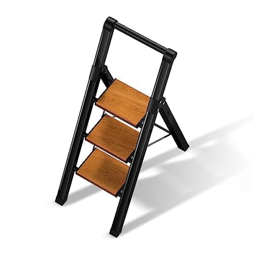 BEFITMACE 3 Step Ladder,Folding Step Stool with Aluminum Wide Pedal& Convenient Handgrip,330lbs Capacity Steel Ladder for Household and Office(Black &Woodgrain)