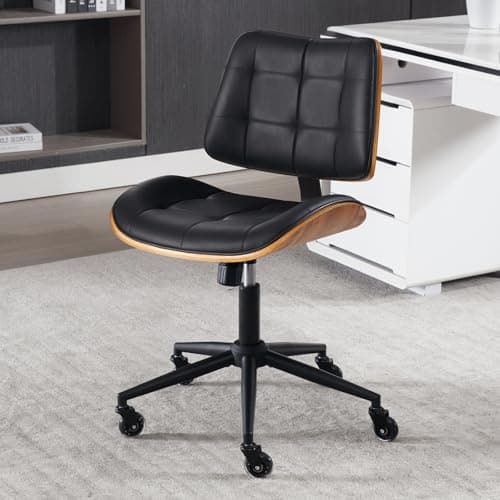 BERYTH Home Office Desk Chair with Wheels, Adjustable Height Armless Office Chair, PU Leather Mid Back 360° Small Computer Chair, Modern Walnut Chair No Arms for Office, Reading Meeting Room(Black)