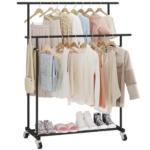 Calmootey Double Rod Clothing Garment Rack,Rolling Hanging Clothes Rack,Portable Clothes Organizer for Bedroom,Living Room,Clothing Store,Black