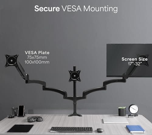 VIVO Triple Pneumatic Monitor Mount for 3 Screens up to 32 inches, Fully Adjustable, Heavy Duty Desk Stand with C-Clamp Grommet, Black, STAND-V300G 5