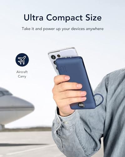 VEGER Portable Charger with Built-in AC Plug and Cables, All in One 10000mAh Ultra Slim Power Bank Travel Essentials, Fast Charging Battery Pack Compatible with iPhone, Samsung, Android (Navy) 8