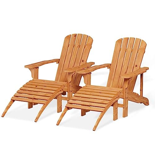 MoNiBloom Teak 4-Pieces Adirondack Chair Set of 2 with Ottoman, Outdoor Lounge Chair Set All Weather Backyard Deck Chairs, Wide Seat Porch Fire Pit Chair Lawn Adirondack Patio Chairs, 250 Lbs Capacity
