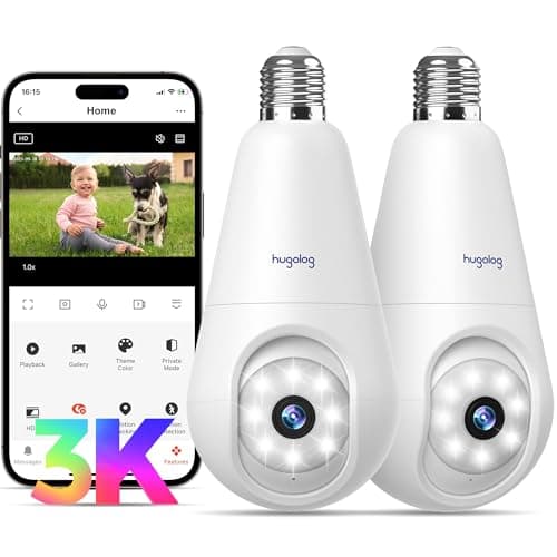 Hugolog 3K 5MP Light Bulb Security Cameras Wireless Outdoor-2.4GHz Cameras for Home Security Indoor with AI Sound Processing, Motion Detection,Color Night Vision,Auto Tracking,Siren Alarm
