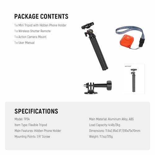 NEEWER Camera Tripod with Remote, Mini Flexible Vlog Phone Tripod Stand with Action Camera Mount Adapter, Hidden Phone Holder & Cold Shoe Compatible with iPhone Hero13 12 11 10 9, Max Load 4.4lb, TP34 12