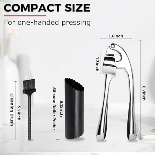 Kitessensu High Effective Premium Garlic Press Set, With Silicone Garlic Peeler & Brush, Heavy Duty Garlic Mincer, Easy to Squeeze and Clean, Rust Proof - Gloss Silver 6