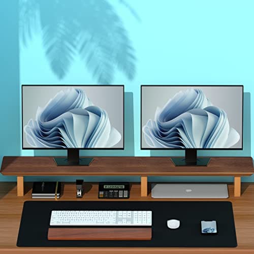 Aothia Solid Wood Dual Monitor Stand Riser for Desk, 43 Inch Black Walnut Computer Monitor Riser with Cork Legs, Extra Long Desktop Organizer Shelf for 2 Monitors, Laptop & Printer 7