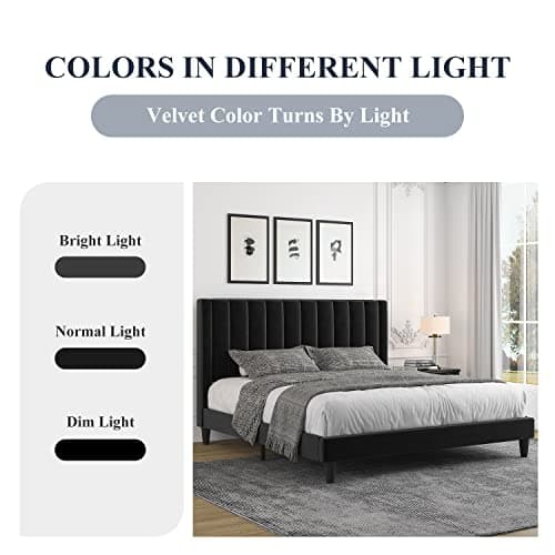 Allewie Queen Bed Frame/Velvet Upholstered Bed Frame with Vertical Channel Tufted Headboard/Strong Wooden Slats/Platform Bed Frame/Mattress Foundation/Box Spring Optional/Easy Assembly/Black 5