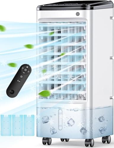 TEMEIKE 4-IN-1 Evaporative Air Cooler, Swamp Cooler w/ 3 Modes, 3 Speeds Windowless Air Conditioner, 12H Timer for Auto-off, 1 Gal Water Tank for 8H Cooling, Smart Remote, Portable Air Cooler for Room