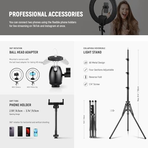 NEEWER 18 Inch Edge Lit Ring Light with Tripod Stand Phone Holder Compatible with iPhone for Video Recording Selfie Makeup Studio Streaming, 45W 2900-7000K APP 2.4G Control Ringlight Lighting, RL45B 7