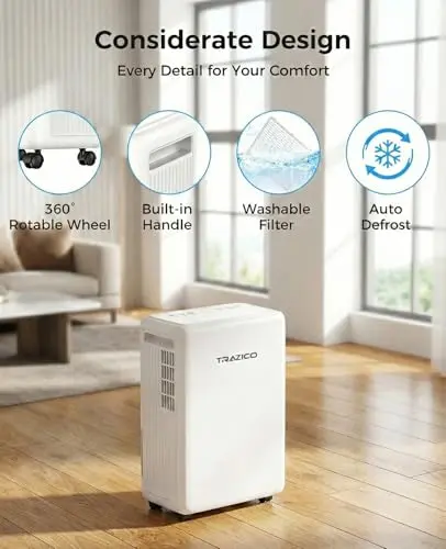 2000 Sq.ft Dehumidifier for Basement, Trazico 30 Pint Dehumidifiers for Home Large Room Bedroom Bathroom with Drain Hose, Intelligent Humidity Control, 3 Modes, 24H Timer, Auto Defrost, White 9