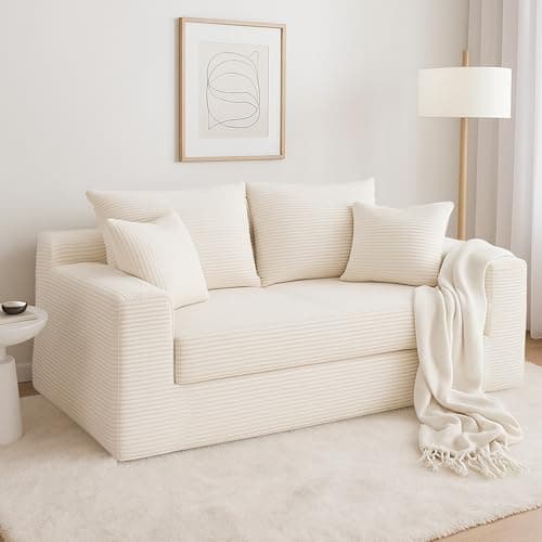 cidludto Convertible Sofa Bed, 3 in 1 Loveseat Folding Couch Bed Foldable - Chaise Lounge Chair & Floor Futon Sleeper, Corduroy Pull Out Sofa Bed with 4 Pillows for Living Room, Beige 9