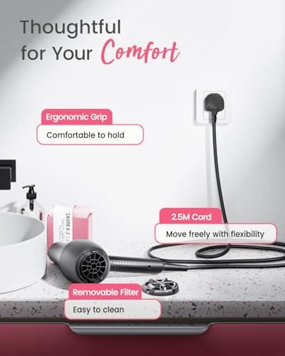 Dekuri Professional Ionic Hair Dryer AC Motor Fast Drying Salon Blow Dryer with Diffuser, Comb, Nozzle, Concentrator, for Curly and Straight Hair, 2 Speed & 3 Heat Setting, Cool Button(Black) 8