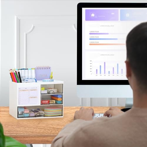 Multifunction Desk Organzier with Drawers, Cosmetic/Makeup Vanity Organizer Box, 3 Drawers Plastic Stationary Storage Organzier, Desktop Desk Storage Drawers for Office Supplies, School, Home (White) 5