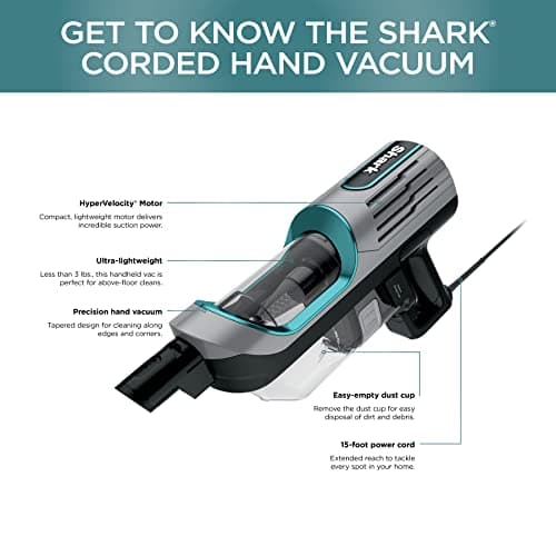 SHARK Ultralight Corded Handheld Vacuum with Self-Cleaning Power Brush & Crevice Tool, Hypervelocity Suction & Removable Dust Cup, Perfect for Pets, Teal, 0.35 Qt (Renewed) 9