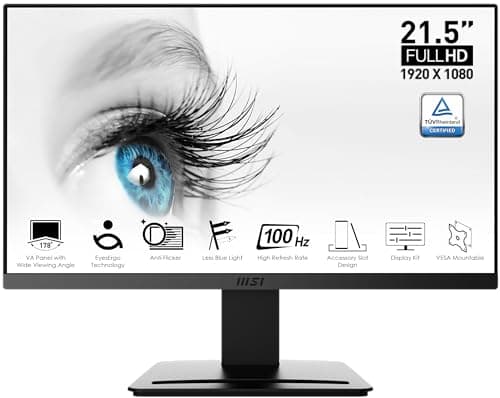 MSI PRO MP223, 22-inch VA 1920 x 1080 (FHD) Computer Monitor, 100Hz, Adaptive-Synch, HDMI, Video Port, VESA Mountable, Less Blue Light, Tilt, 1ms, Black