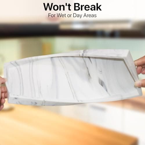 DTCSWACN Bathroom Vanity Tray, 8 x 4 Inch Silicone Kitchen Sink Tray for Soap Dispenser Bathroom Countertop Tray Holder for Perfume Soap Towel Bathroom Trays, Mini, White Marble 8