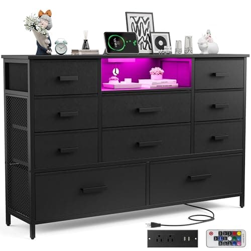 Harpaq Dresser with Charging Station, Black Dresser for Bedroom with 10 Drawers, TV Stand Storage with LED Light for 55" TV, Fabric with PU Finish, Morden Chest of Drawers for Bedroom, Closet