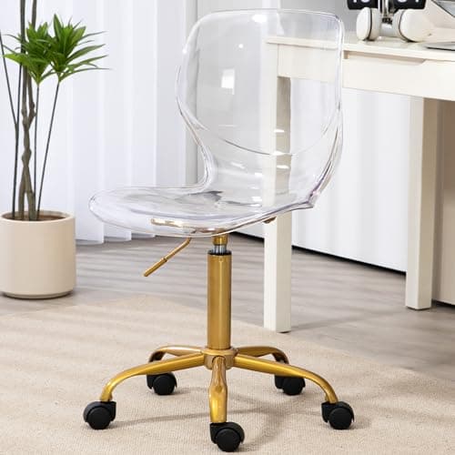 HOMEFUN Clear Transparent Acrylic Desk Chair with Wheels, New Adjustable Height Ghost Chair - Armless, Rolling, Molded Plastic with Golden Feet, Suitable for Home Office and Vanity Use