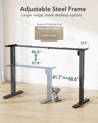 HUANUO Standing Desk Frame with 220lbs Powerful Brushless Motor, Thick T-Shaped Adjustable Desk Legs Made of Automotive-Grade Steel, for Max 75″ x 35″ Desktop, for Home Office, Black Frame Only 5