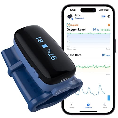 Wearpulse O2 Pulse Oximeter Fingertip, Oxygen Saturation Monitor, Bluetooth Pulse Rate Tracking with App, Continuous Rechargeable O2 Finger Oxygen Meter, 4 * 10 Hrs Built-in Memory, Smart Reminder