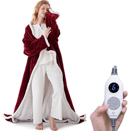 Westinghouse Christmas Electric Snuggle Throw Blankets with Foot Pocket, Wearable Heated Blanket with Sleeves, 6 Heating Levels & 2 to 10 Hours Heating Time Settings, 50 * 70"+18", Red