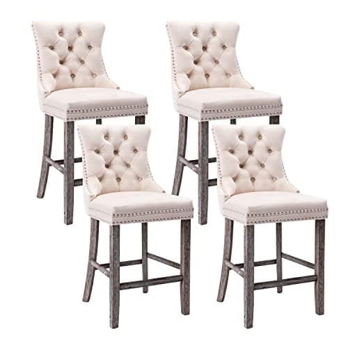 Virabit Velvet Bar Stools Set of 4, 27" Padded Counter Height Bar Stools with Button and Nailhead Trim, Bar Stool with Back and Wooden Legs, for Kitchen, Cafe, Pub (Beige)