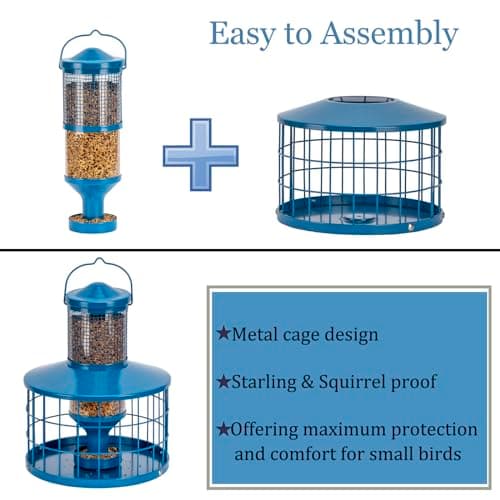 Caged Bird Feeders Squirrel-Proof, Metal, 2.8 Lbs Capacity-Cage Tube Seed Feeders with Tray Outdoor Hanging, Attract Birds,Detachable Cleaning, Starling Proof Wild Bird Feeder（Blue） 6