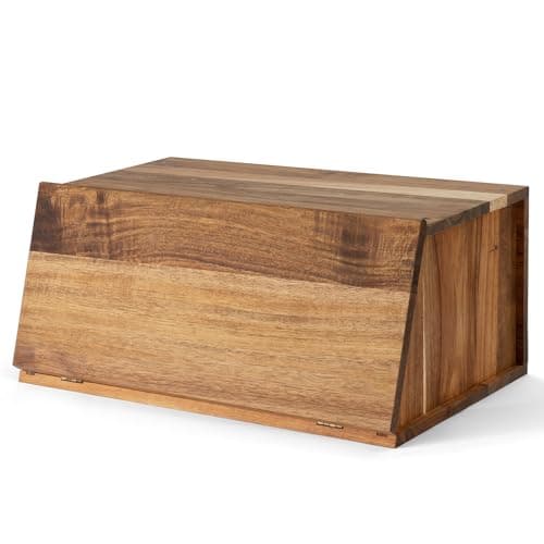 Dreamall Acacia Wooden Bread Box Bread Storage Organizer For Kitchen Countertop Large Capacity Natural Vintage Bread Storage Organizer Holder(15.8 x 10 x 7 Inches)