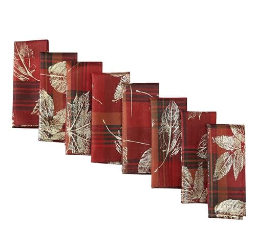 Newbridge Gold Falling Leaves Plaid Fabric Napkins, Set of 8, Metallic Rustic Leaf Easy Care Wrinkle Free Napkins for Thanksgiving Holiday Dining