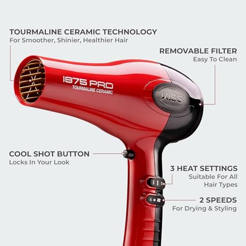 KISS 1875 Watt Pro Tourmaline Ceramic Hair Dryer, Styling Edition, 3 Heat Settings, 2 Speed Settings, Cool Shot Button, 7 Blow Dryer Accessories Included, 2-Year Warranty - Red 8