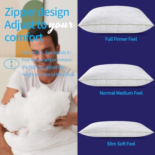 HKYLRAN Bed Pillows King Size Set of 2,for Sleeping, Adjustable King Pillows 2 Pack with Zipper, Cooling Hotel Quality with Premium Soft Down Alternative Fill 7